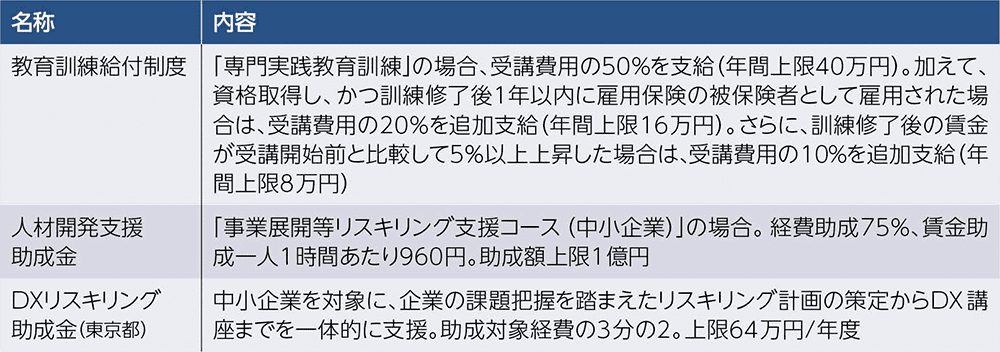 
              教育訓練給付制度：「専門実践教育訓練」の場合、受講費用の50%を支給(年間上限40万円)。加えて、資格取得し、かつ訓練修了後1年以内に雇用保険の被保険者として雇用された場合は、受講費用の20%を追加支給(年間上限16万円)。さらに、訓練修了後の賃金が受講開始前と比較して5%以上上昇した場合は、受講費用の10%を追加支給(年間上限8万円)
              人材開発支援助成金：「事業展開等リスキリング支援コース(中小企業)」の場合。経費助成75%、賃金助成一人1時間あたり960円。助成額上限1億円
              DXリスキリング助成金(東京都)：中小企業を対象に、企業の課題把握を踏まえたリスキリング計画の策定からDX講座までを一体的に支援。助成対象経費の3分の2。上限64万円/年度
              