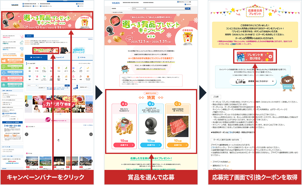 キャンペーンバナーをクリック→賞品を選んで応募→応募完了画面で引換クーポンを取得
